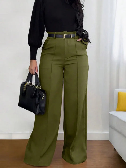 Mode solide pantalon pour femmes élégant taille haute jambe large pantalons longs dame décontracté