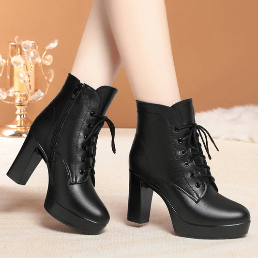 Bottines pour femmes, en cuir véritable chaudes, à talons hauts, style hiver