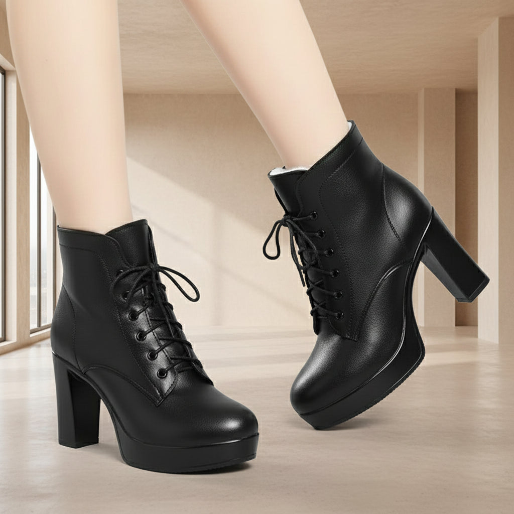Bottines pour femmes, en cuir véritable chaudes, à talons hauts, style hiver