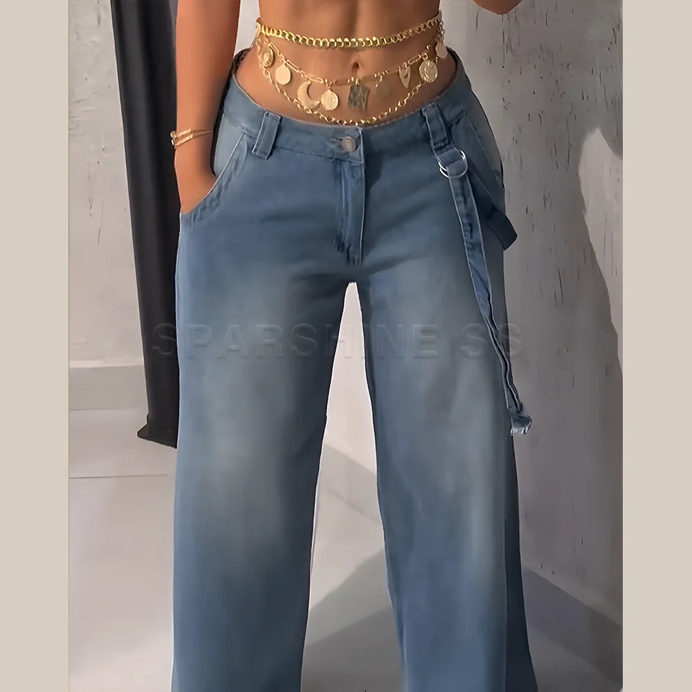 Jeans femme, pantalon droit, denim vintage délavé, taille mi-haute, coupe ample, jambes larges, pantalon long en denim, style streetwear 2025