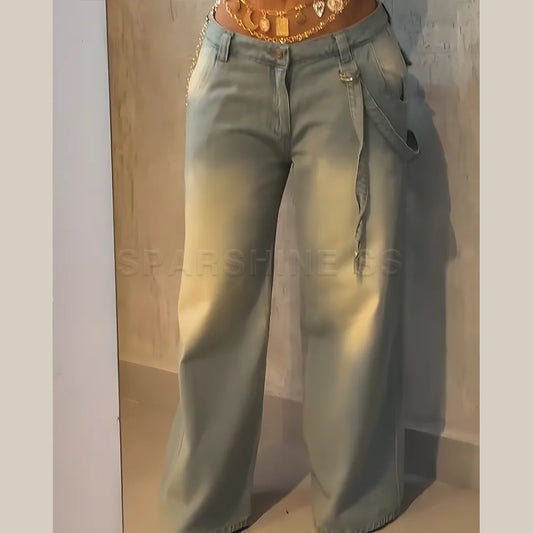 Jeans femme, pantalon droit, denim vintage délavé, taille mi-haute