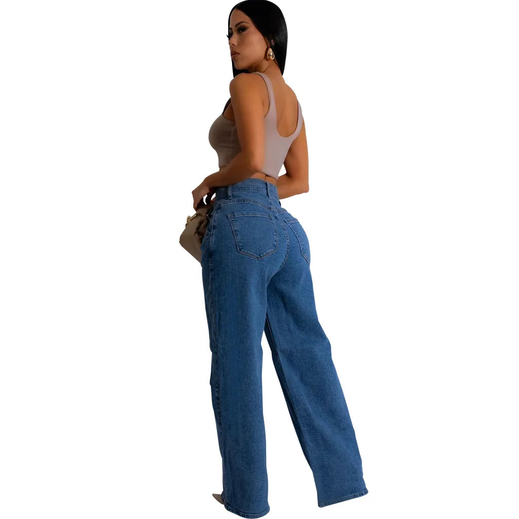Jean femme, pantalon long en denim, jambes larges, coupe slim, style streetwear décontracté Y2K, poches boutonnées, taille haute, élégant, coupe droite