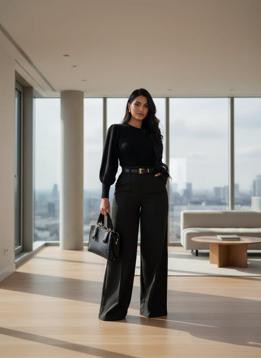 Mode solide pantalon pour femmes élégant taille haute jambe large pantalons longs dame décontracté