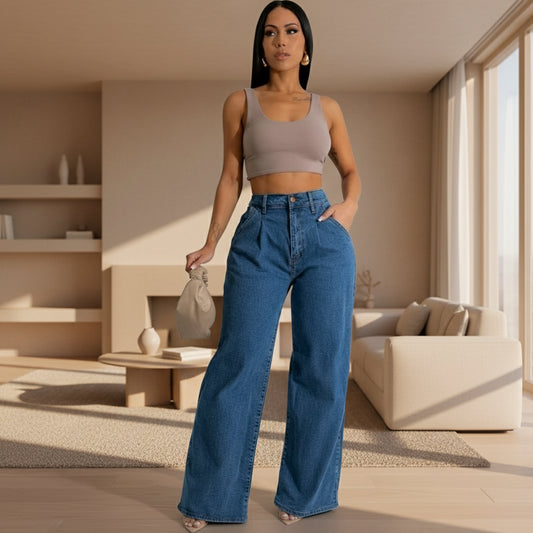 Damenjeans, weites Bein, schmale Passform