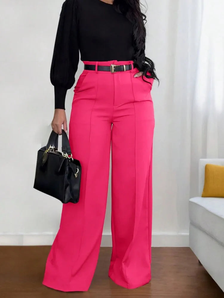 Mode solide pantalon pour femmes élégant taille haute jambe large pantalons longs dame décontracté