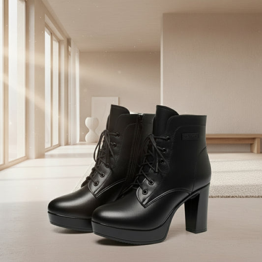 Warme Damen-Ankle-Boots aus echtem Leder mit hohem Absatz, Winterstil