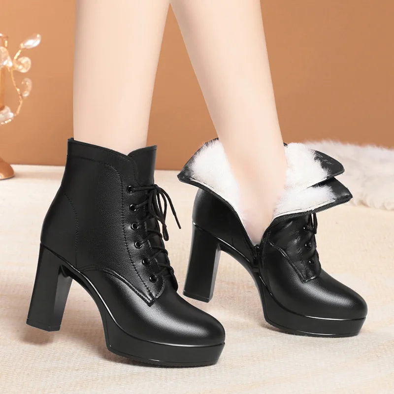 Bottines pour femmes, en cuir véritable chaudes, à talons hauts, style hiver