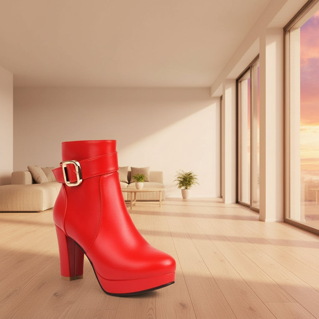 Damen-Ankle-Boots, hohe Absätze und trendige Schnalle, rot und schwarz,