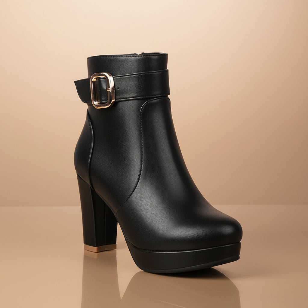 Damen-Ankle-Boots, hohe Absätze und trendige Schnalle, rot und schwarz,