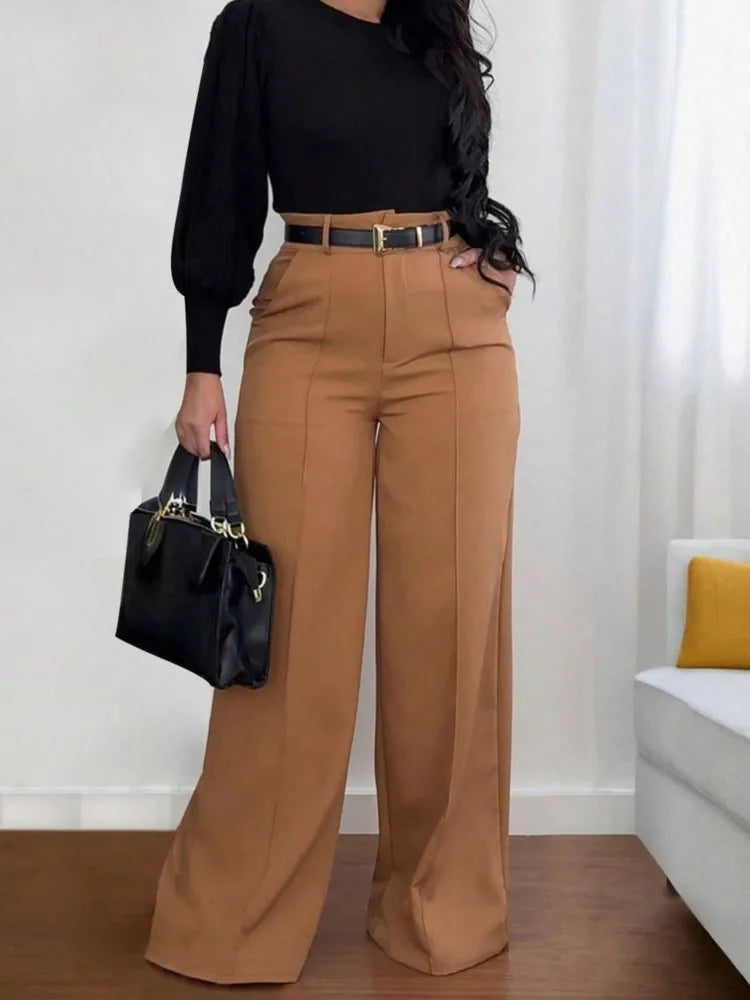 Mode solide pantalon pour femmes élégant taille haute jambe large pantalons longs dame décontracté